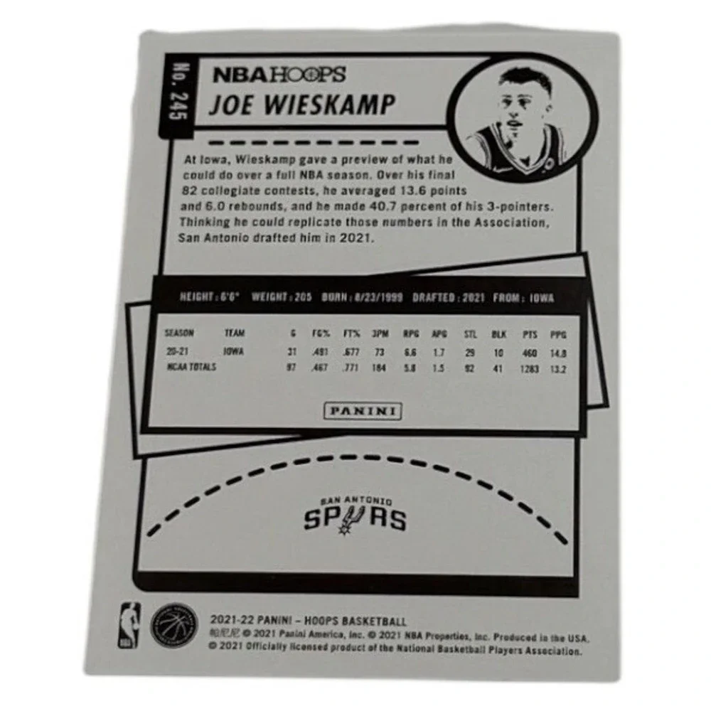 2021-22 Panini NBA Hoops Joe Wieskamp Rookie Card #245 San Antonio Spurs RC - Picture 2 of 2